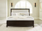 Neymorton Queen Upholstered Panel Bed with Mirrored Dresser and Nightstand