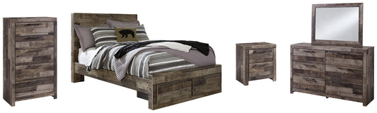 Derekson Full Panel Bed with 2 Storage Drawers with Mirrored Dresser, Chest and Nightstand