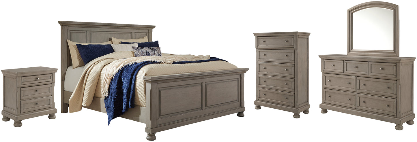 Lettner King Panel Bed with Mirrored Dresser, Chest and Nightstand