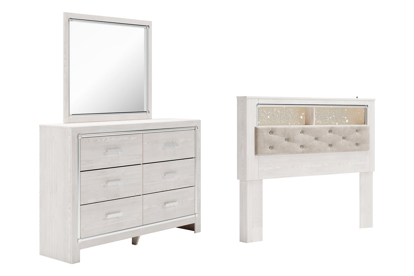 Altyra Queen Bookcase Headboard with Mirrored Dresser